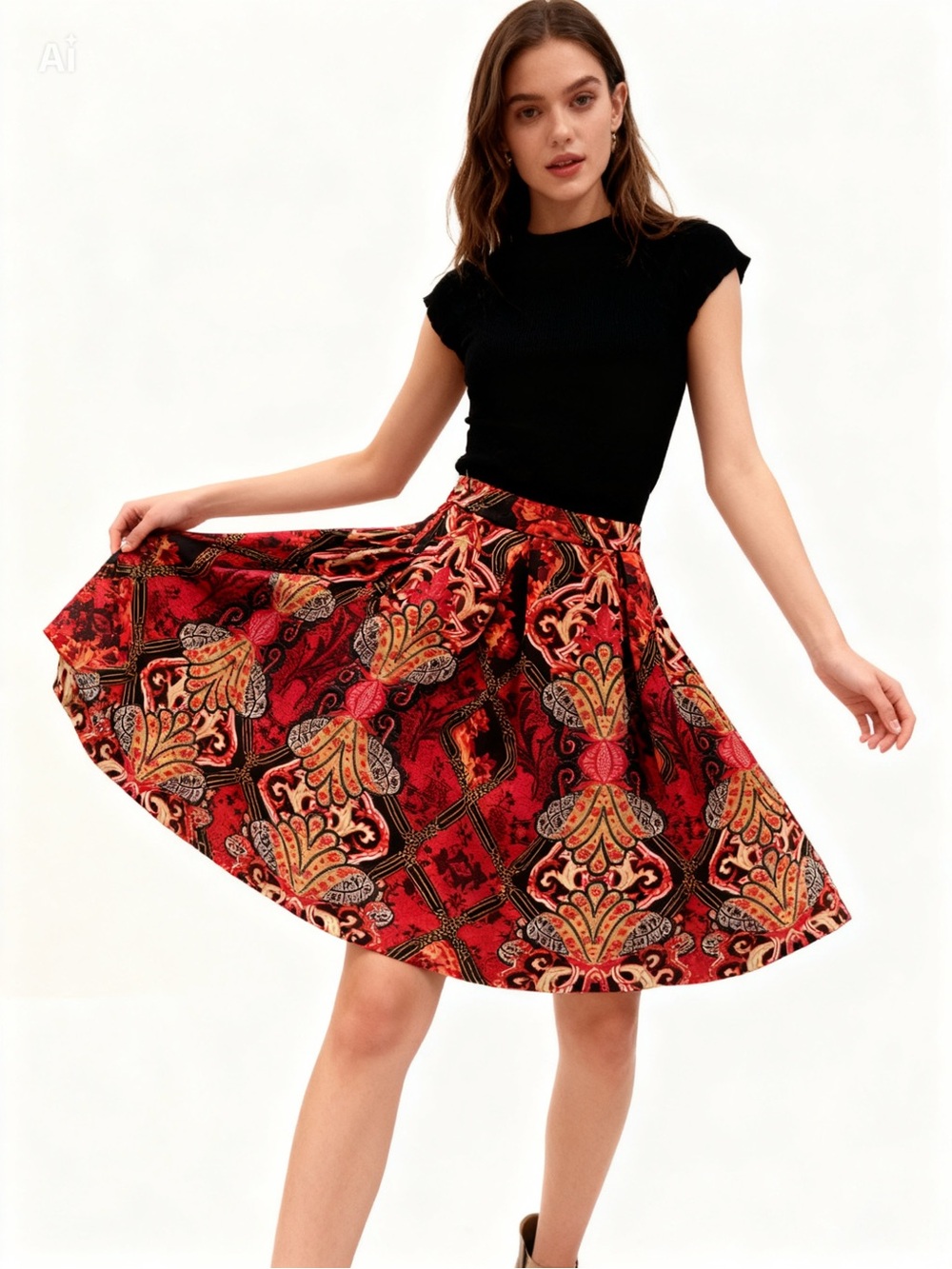 New York & Company Red Printed Midi Skirt with Gold Accents